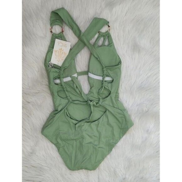 BECCA by Rebecca Virtue One-Piece Swimsuit S Plunge Sage Green NEW - Picture 8 of 12